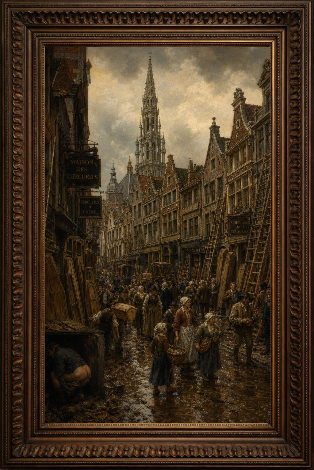 Peinture à l'huile du XVIIIe siècle représentant la rue du Marché aux Fromages