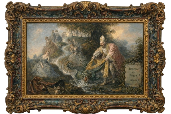 Peinture ancienne représentant saint Géry noyant le dragon, avec l'inscription « Impasse du dragon, Anno 600 »